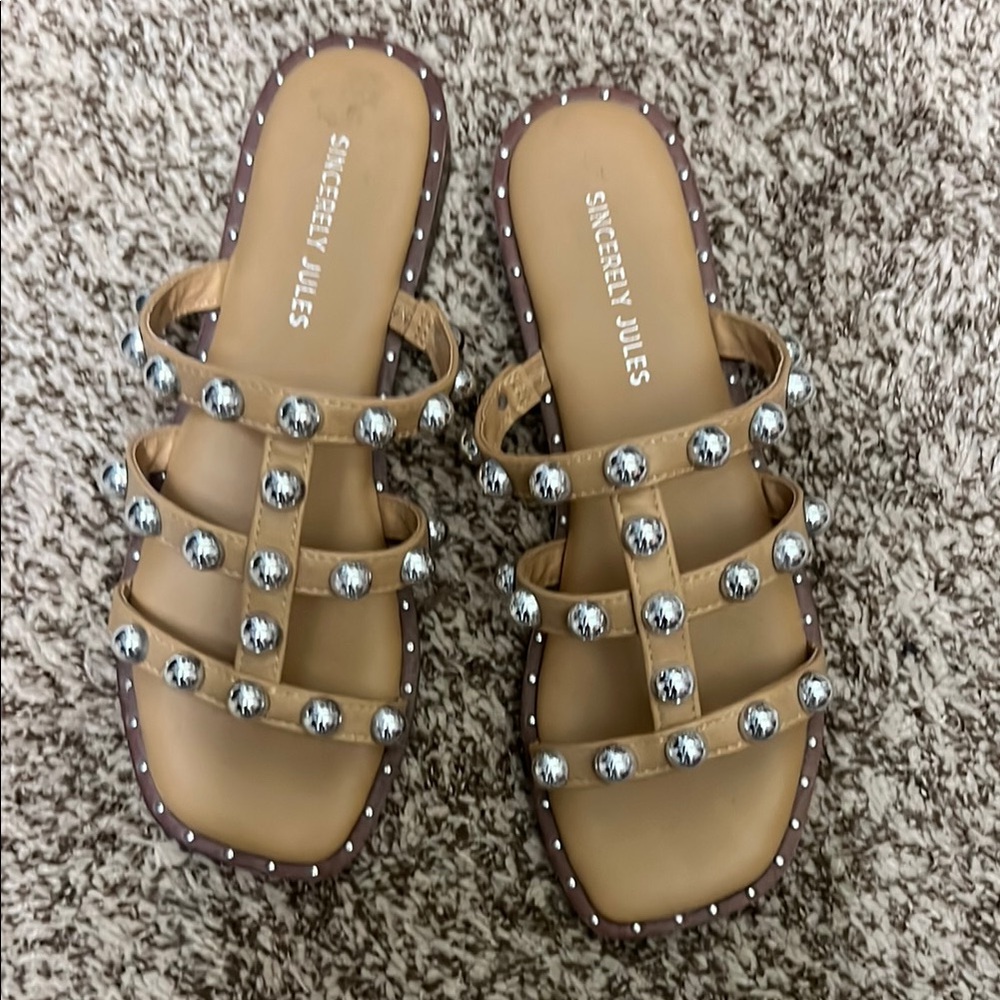 Sincerly Jules Tan Studded Sandals, runs large size 7.5